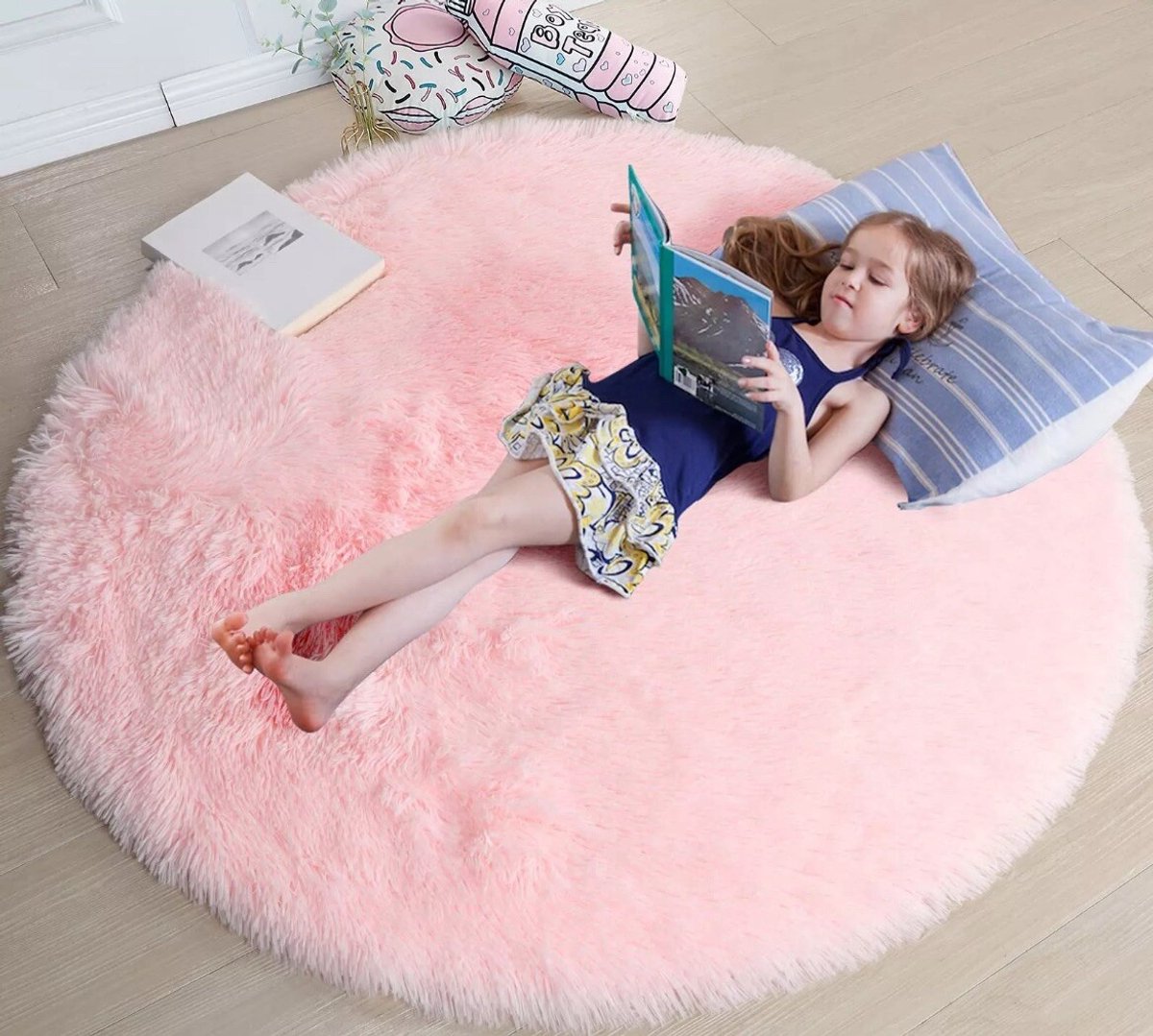Roze rond vloerkleed van 1,2 x 1,2 m voor de slaapkamer van een meisje, zacht rond vloerkl