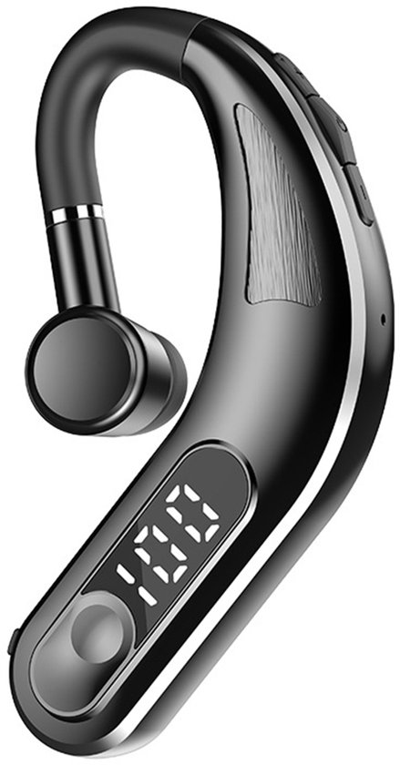 Zwarte Bluetooth-headset met oorhaak en digitaal display.