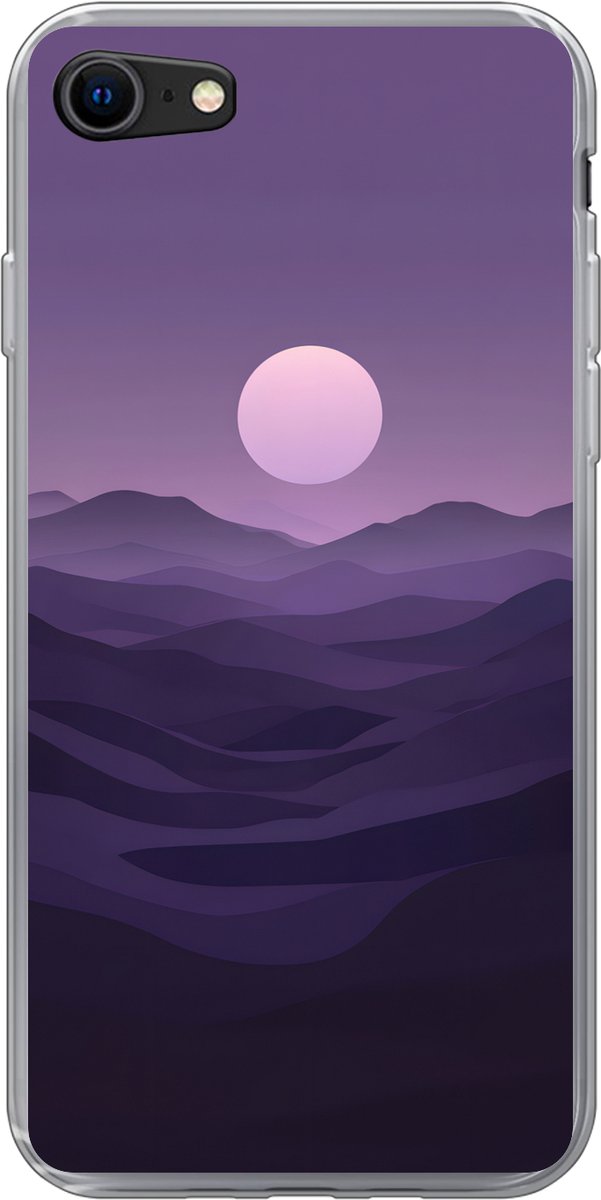 Telefoonhoesje Geschikt voor iPhone 7 hoesje - Heuvels - Paars - Mist - Zon - Siliconen Telefoonhoesje Telefoonhoesje