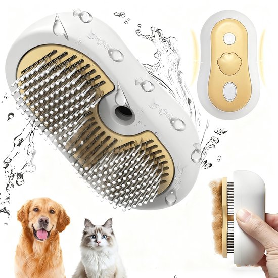 Gouden en witte stoomborstel met water dat eroverheen stroomt, schuine roestvrijstalen naalden, hand met borstel vol haar.