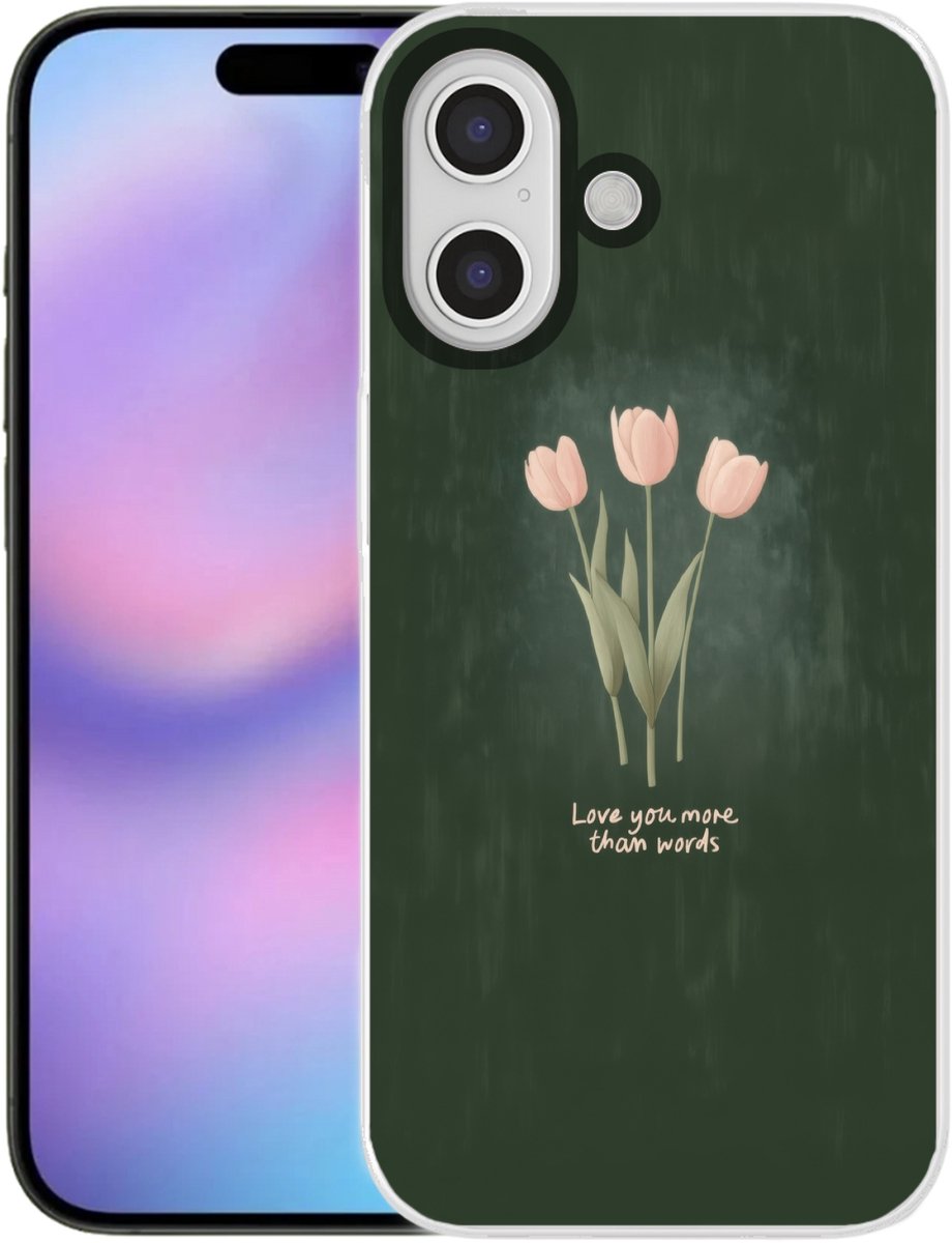 Telefoonhoesje Geschikt voor iPhone 17 hoesje - Tulpen - Roze - Tekst - Love - Siliconen Telefoonhoesje Telefoonhoesje