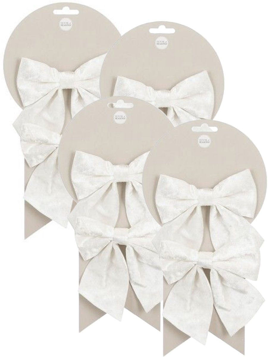 House of Seasons Kerst ornamenten strikken - 8x st - wit - 12 x 13 cm - kerstboomstrikjes