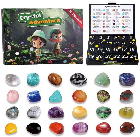 Adventskalender 2025 Voor Kinderen – 24 Edelstenen En Kristallen – Plus Tas En Loep – Geschikt Voor Jongens En Meisjes Van 4 Tot 12 Jaar – Perfect Kerstcadeau