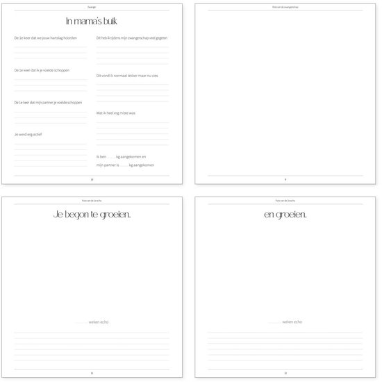 Zwangerschapsdagboek met secties voor 'In mama's buik', 'Je begon te groeien', en 'en groeien'.