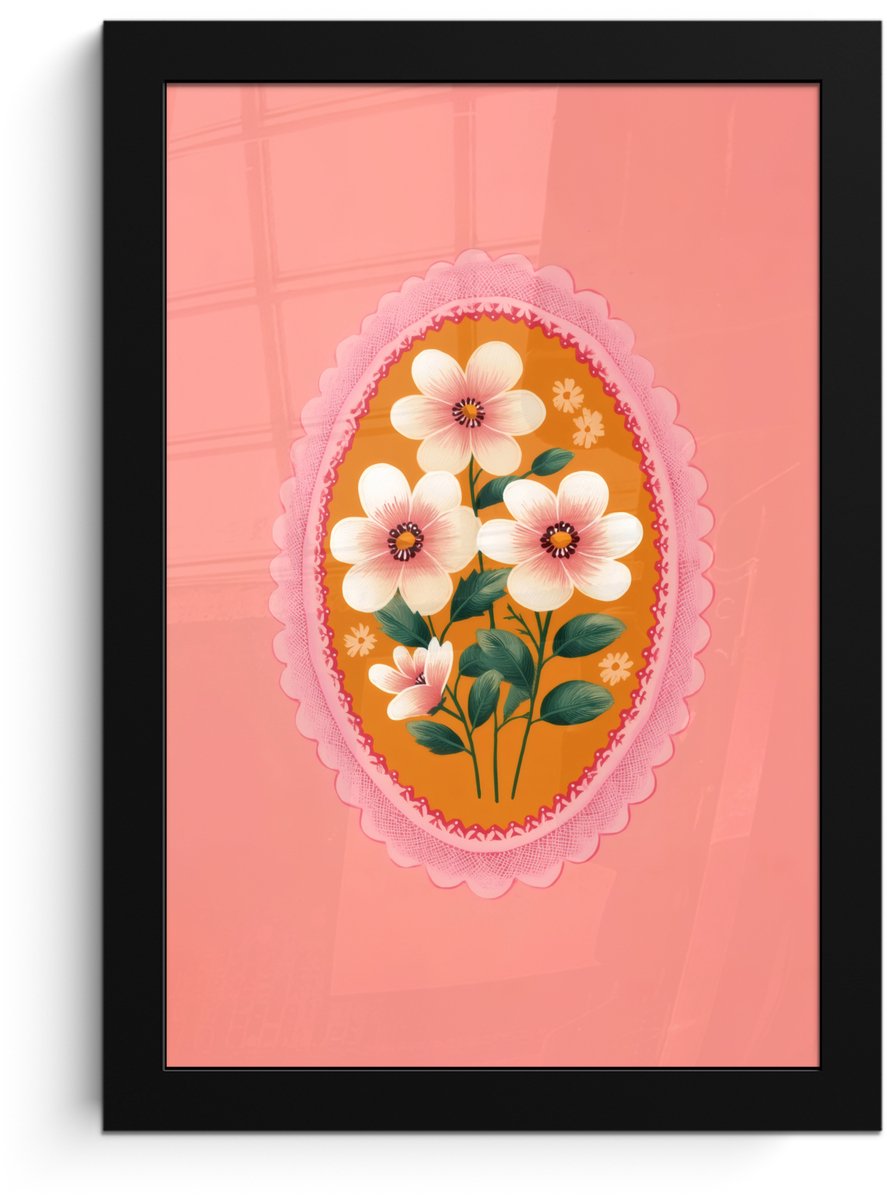 FrameYourWall Poster in lijst - Fotolijst 20x30 cm - Posters - Illustratie - Bloemen - Rand - Roze - Posterlijst zwart - Decoratie - Wanddecoratie woonkamer - Muurdecoratie slaapkamer