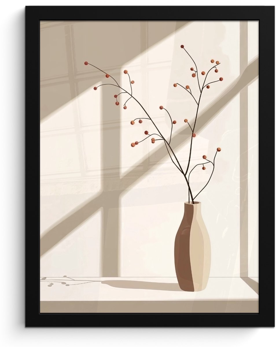 FrameYourWall Poster in lijst - Fotolijst 30x40 cm - Posters - Vaas - Takken - Bessen - Minimalistisch - Posterlijst zwart - Decoratie - Wanddecoratie woonkamer - Muurdecoratie slaapkamer