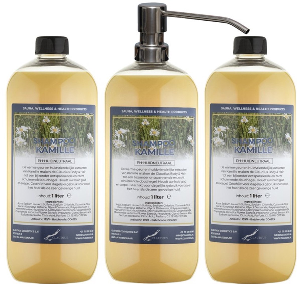 Shampoo Kamille - 1 liter (transparant) - 3 stuks - met zilveren pomp - Voordeelverpakking - Haarverzorging
