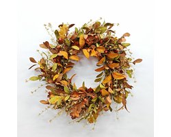 Herfstkrans - Herfstkrans Voor De Voordeur Met Kleine Pompoenen En Eikenbladeren - Thanksgiving Halloween Home Boerderij Veranda Muur Raamdecoratie