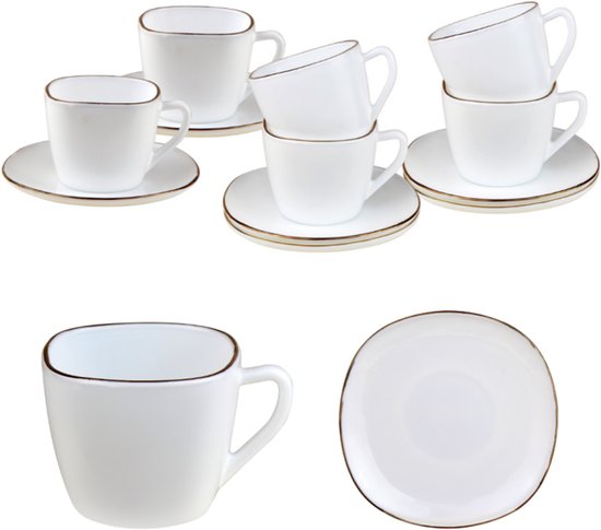 KingHoff Set de 12 tasses et soucoupes carrées en verre opale Wit avec bord doré - 220 ml - Design moderne - Ensemble de soucoupes pour service à café
