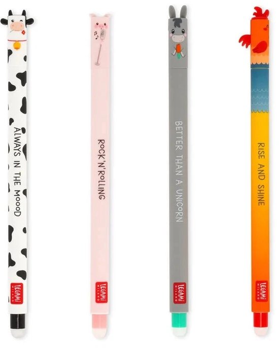 Legami - Uitwisbare pennen - BoerderijSet - Koe - Varken - Ezel - Haan - Navulbaar - Back to School