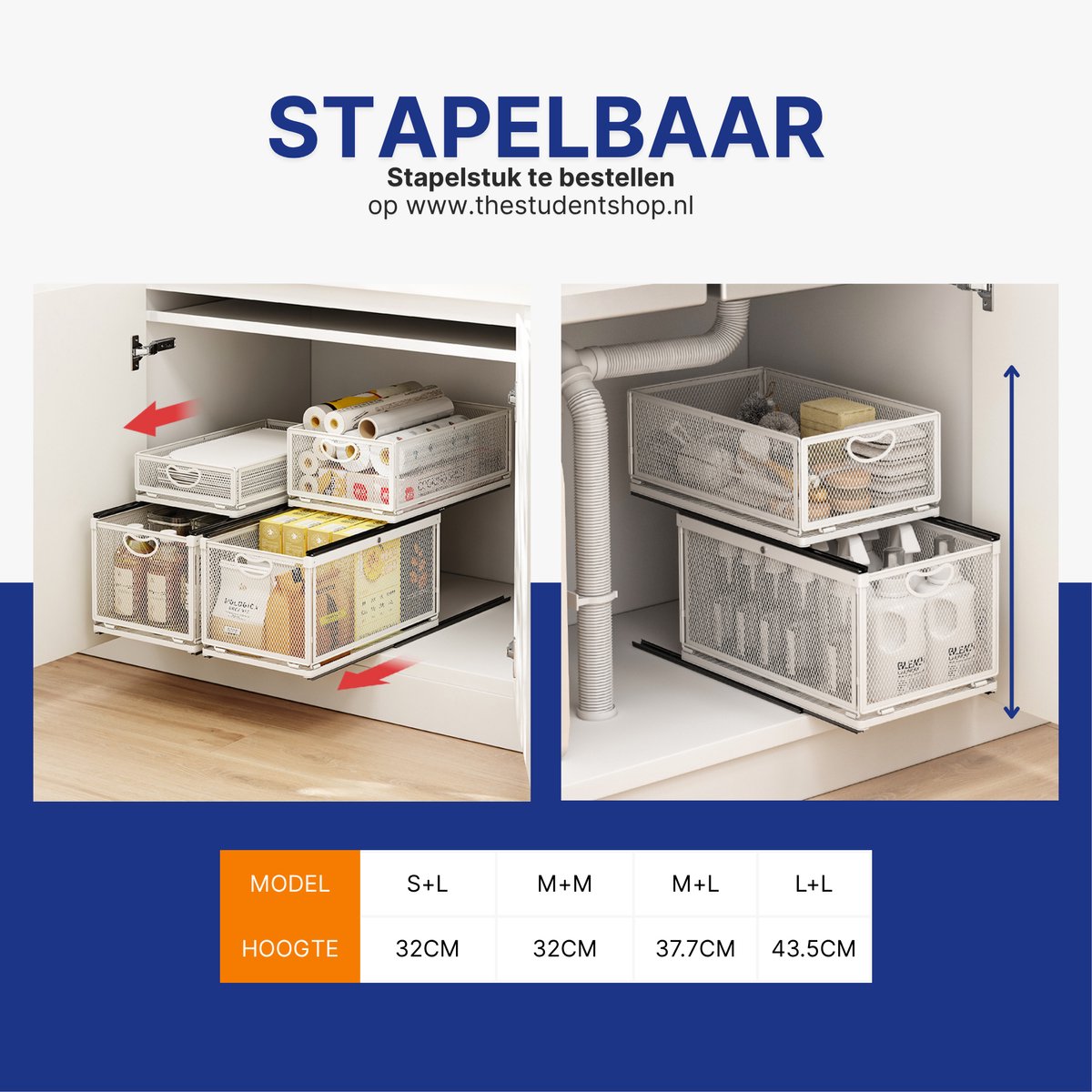 DKE® Keukenlade schuiflade organizer, gootsteenkast en keukenkast organizer, telescopisch keukenrek, maat L 40x24x21,2 cm, wit — cadeau in Cadeau-ideeën - foto 4