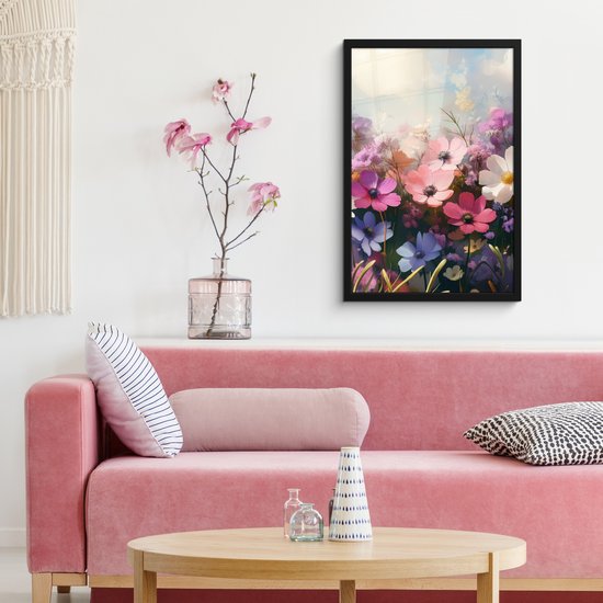 Poster in lijst - Fotolijst 40x60 cm - Posters - Bloemen - Kleurrijk - Bloei - Posterlijst zwart - Decoratie - Wanddecoratie woonkamer - Muurdecoratie slaapkamer
