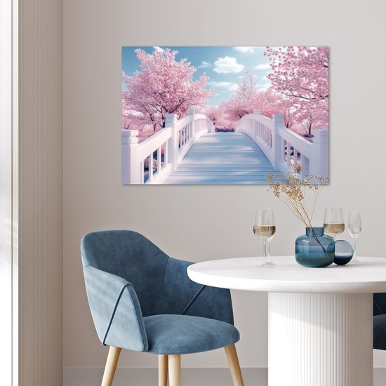 Poster 60x40 cm - Brug - Kersenbomen - Wit - Posters - Kamer decoratie - Wanddecoratie woonkamer - Muurdecoratie slaapkamer