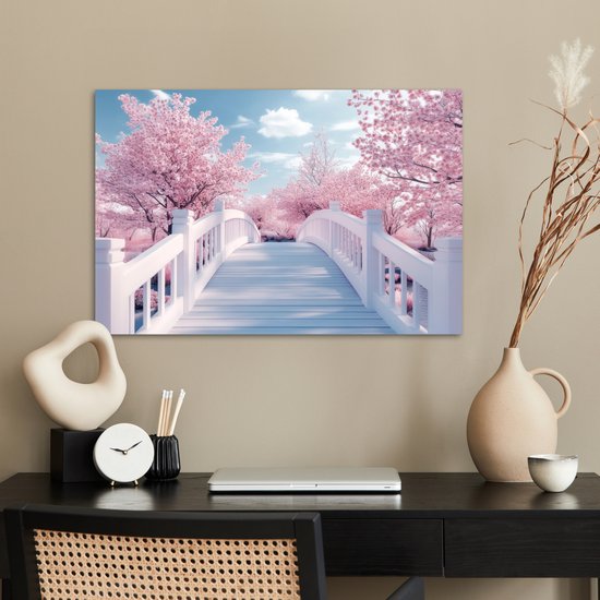 Poster 60x40 cm - Brug - Kersenbomen - Wit - Posters - Kamer decoratie - Wanddecoratie woonkamer - Muurdecoratie slaapkamer