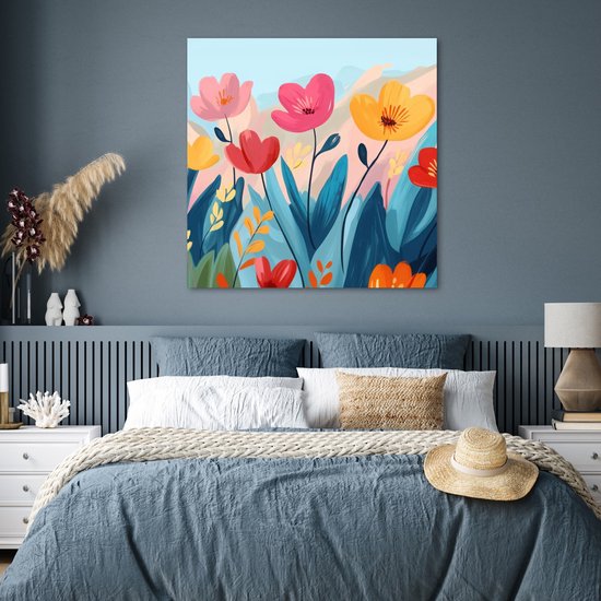 Poster 100x100 cm - Illustratie - Bloemen - Kleurrijk - Posters - Kamer decoratie - Wanddecoratie woonkamer - Muurdecoratie slaapkamer XXL