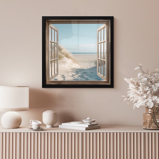 Affiche encadrée - Cadre photo 40x40 cm - Posters - Vue à travers - Herbiers - Dunes - Mer - Paysage - Poster cadre noir - Décoration - Décoration murale salon - Décoration murale chambre