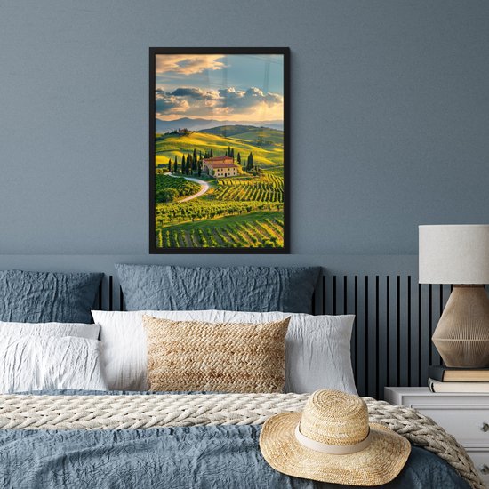 Poster in lijst - Fotolijst 40x60 cm - Posters - Toscane - Landschap - Wijngaarden - Posterlijst zwart - Decoratie - Wanddecoratie woonkamer - Muurdecoratie slaapkamer