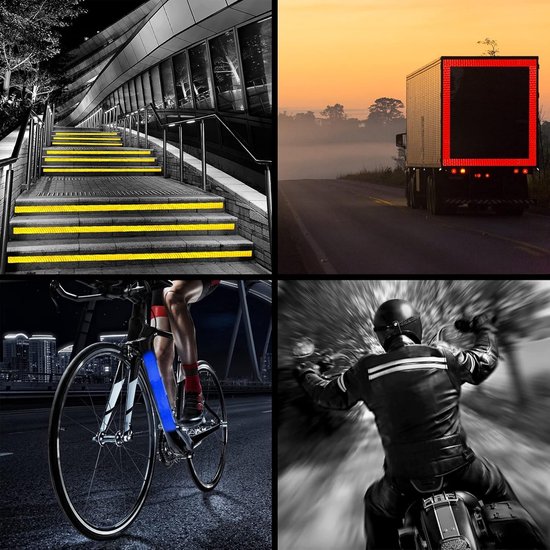 Collage: Gele traptreden, truck met rood digitaal bord, fietser met blauwe tape, motorrijder met reflecterende kleding.