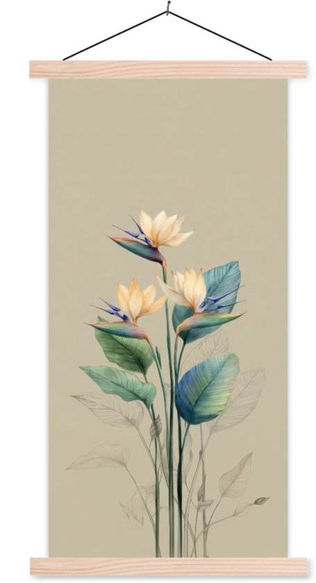 Posterhanger incl. Poster 60x120 cm - Schoolplaat - Paradijsvogelbloemen - Blauwgroene bladeren - Beige - Textielposter - Blanke latten