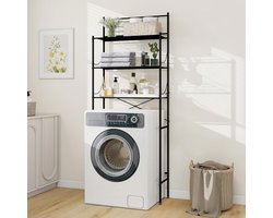 Wasmachine Kast en Toiletrek - 3-laags Badkamerrek - Handdoekhouder - Boven Toilet Opbergrek - Ruimtebesparend Badkamermeubel - Metaal Zwart - Eenvoudig te Monteren - 65x166x24 cm - Multifunctioneel Opbergrek