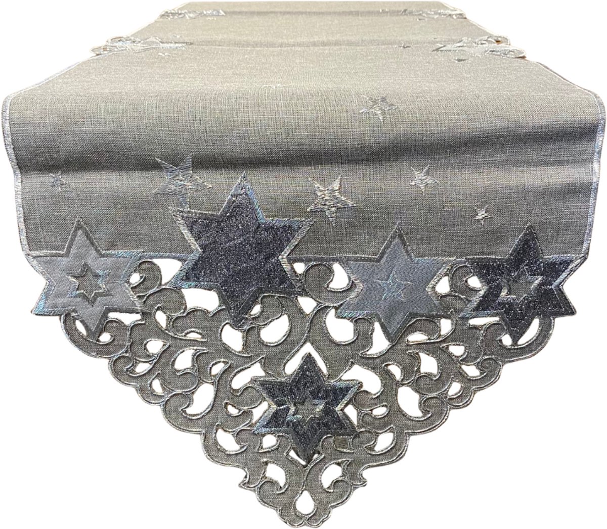 Tafelloper - Kerst - Linnenlook - Grijs met sterren in zilver en grijs - 40 x 140 cm