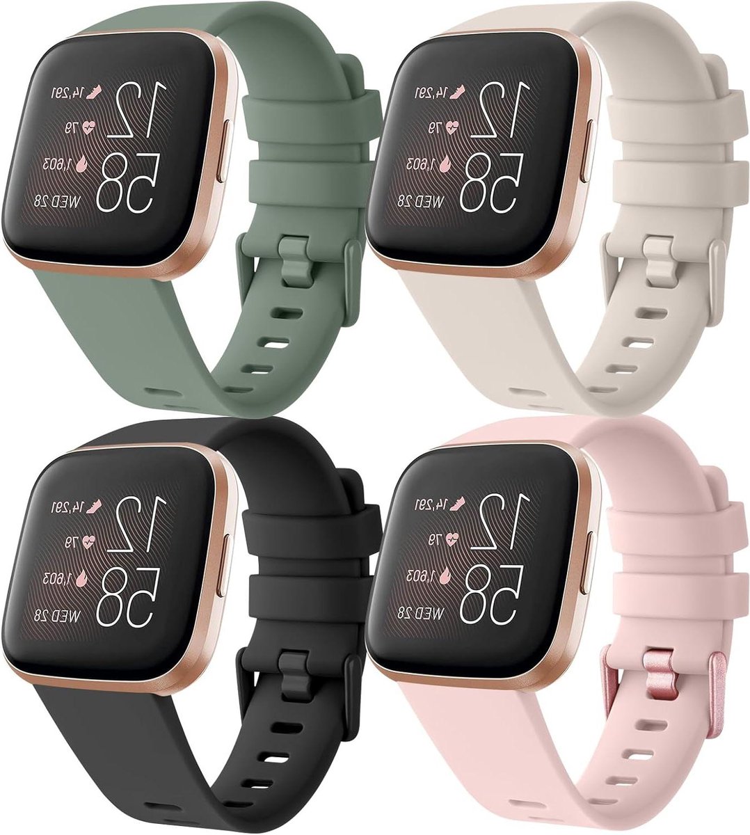 Allecto plus - Zachte siliconen sportreservearmbanden voor Fitbit Versa 2 / Versa / Versa Lite / SE - Geschikt voor dames en heren - Kleur: zwart/Starlight/roze/avocadogroen.