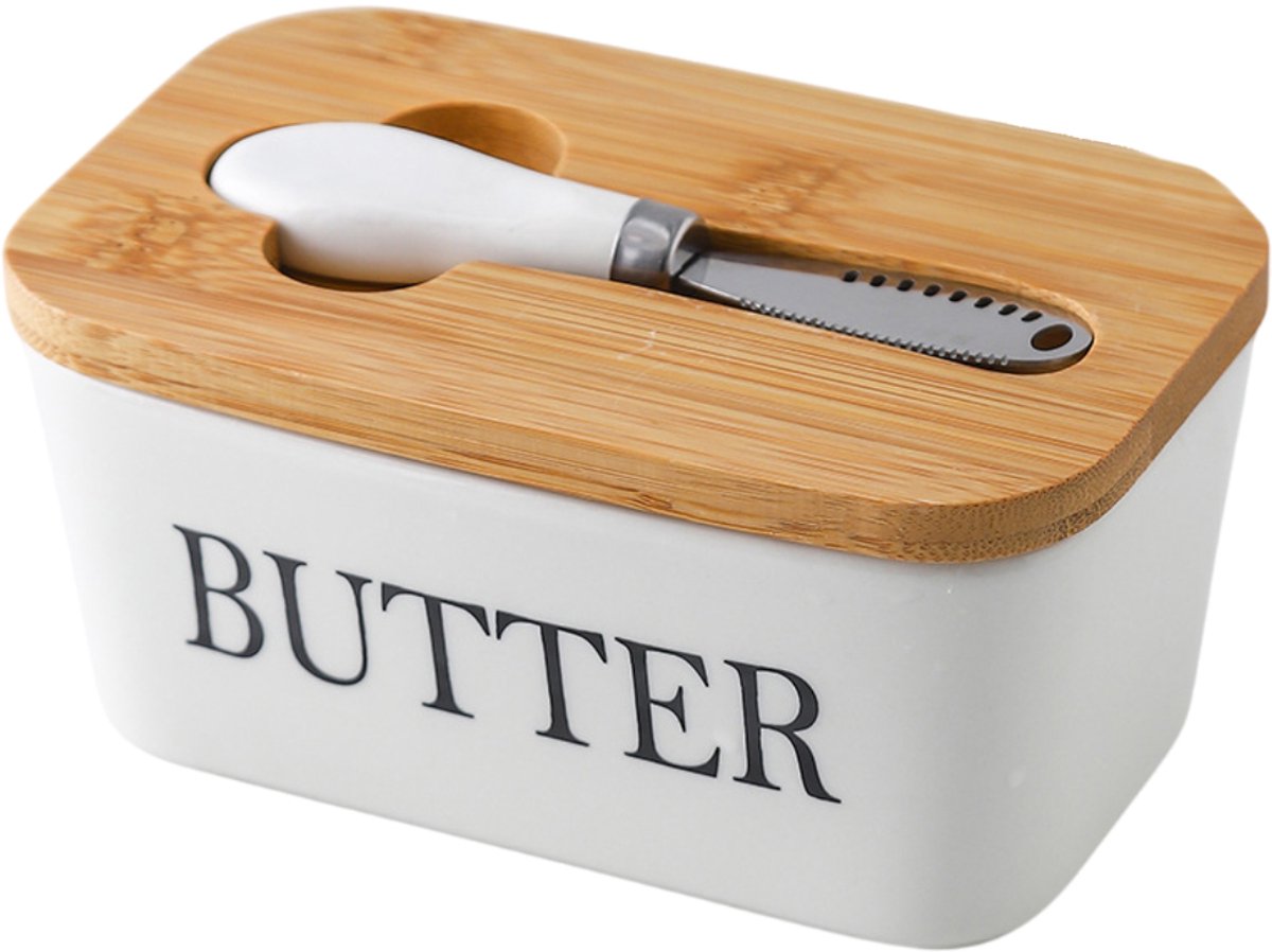 QTTVBTNA -Porseleinen Boterdoos met Bamboe Deksel en Botermes – Duurzame Boterhouder voor 250 g Boter – Milieuvriendelijk en Stijlvol voor Keuken en Ontbijttafel