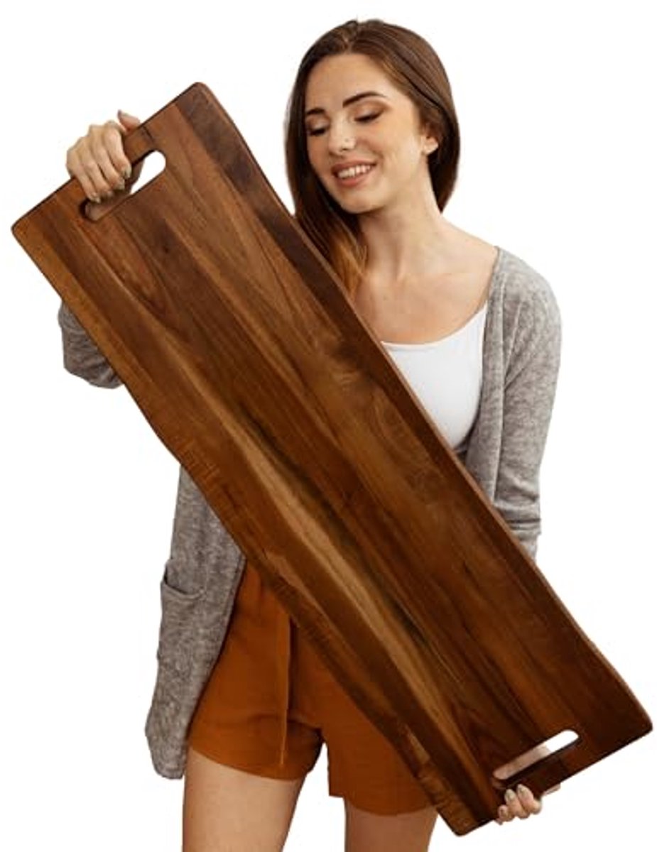 Grote Rechthoekige Acacia Serveerschaal met Handgrepen - 91 x 30 cm - Ideaal voor Vlees, Kaas en Snacks