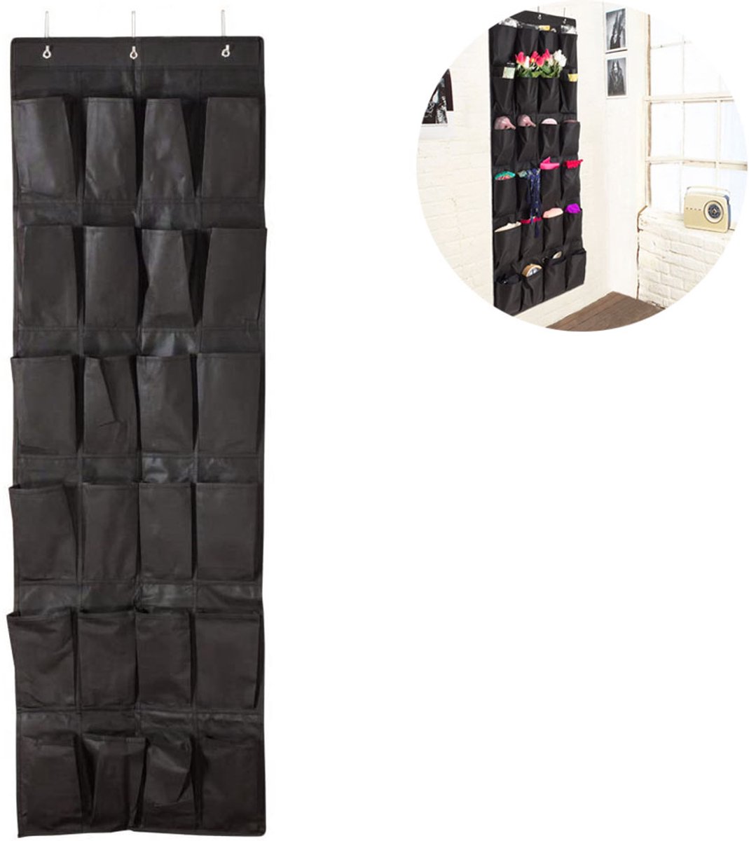 QTTVBTNA -Hangende Schoenenorganizer met 24 Grote Meshvakken – Deur Opbergtas voor Schoenen – Ruimtebesparende Over-de-Deur Opberger voor Kast, Slaapkamer of Gang – Zwart