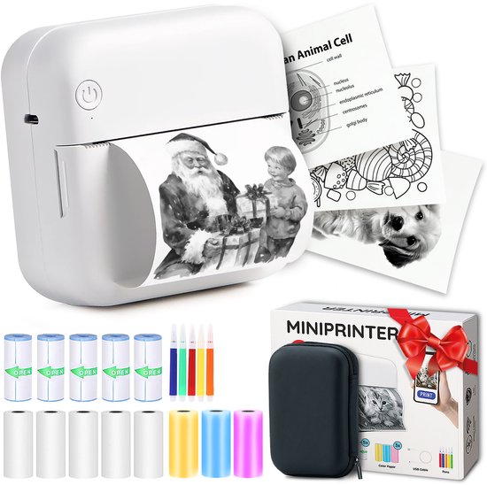 Agodeo Mini Printer - 300 DPI - Pocket Printer - Fotoprinter voor Mobiel - Mini Printer Incl.1 Harde Etui + 13 Rollen Papier (Sticker, Normaal, Kleur) + 5 Pennen - Pocket Printer Smartphone - Sticker Printer - Fotoprinter Mobiel
