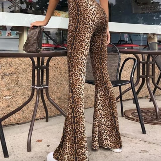 Foto: Dames broek flare flared broek legging leopard beige bruin maat l