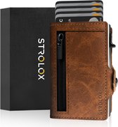 Strolox® Pasjeshouder Luxe Portemonnee Donkerbruin - Creditcardhouder 11 pasjes + Briefgeld - Kaarthouder Pashouder Uitschuifbaar - RFID & NFC Kaarthouder - Leer - Mannen & Vrouwen Incl. Luxe Cadeauverpakking - Unisex - Met Rits