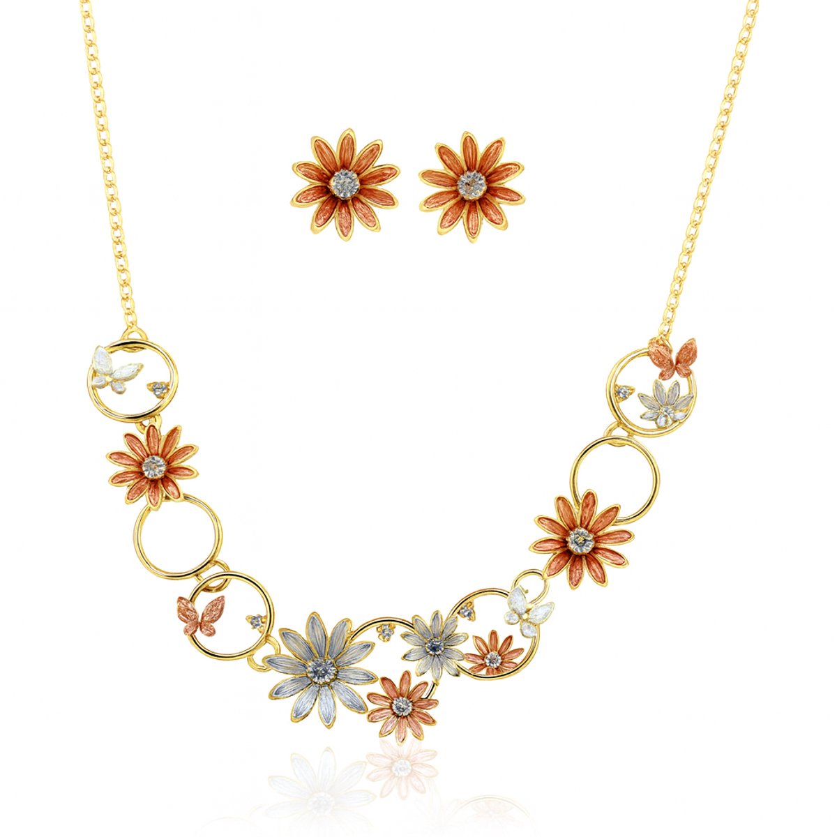 Dames sieradenset rood-blauw-goud | Ketting en oorbellen met kleine madelief bloemen | Milieuvriendelijke legering