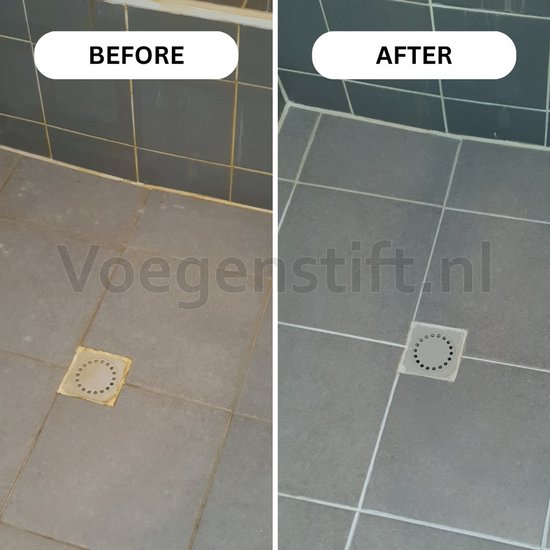 Grijze vloertegels met doucheputje voor en na reiniging. De voegen zijn vernieuwd.