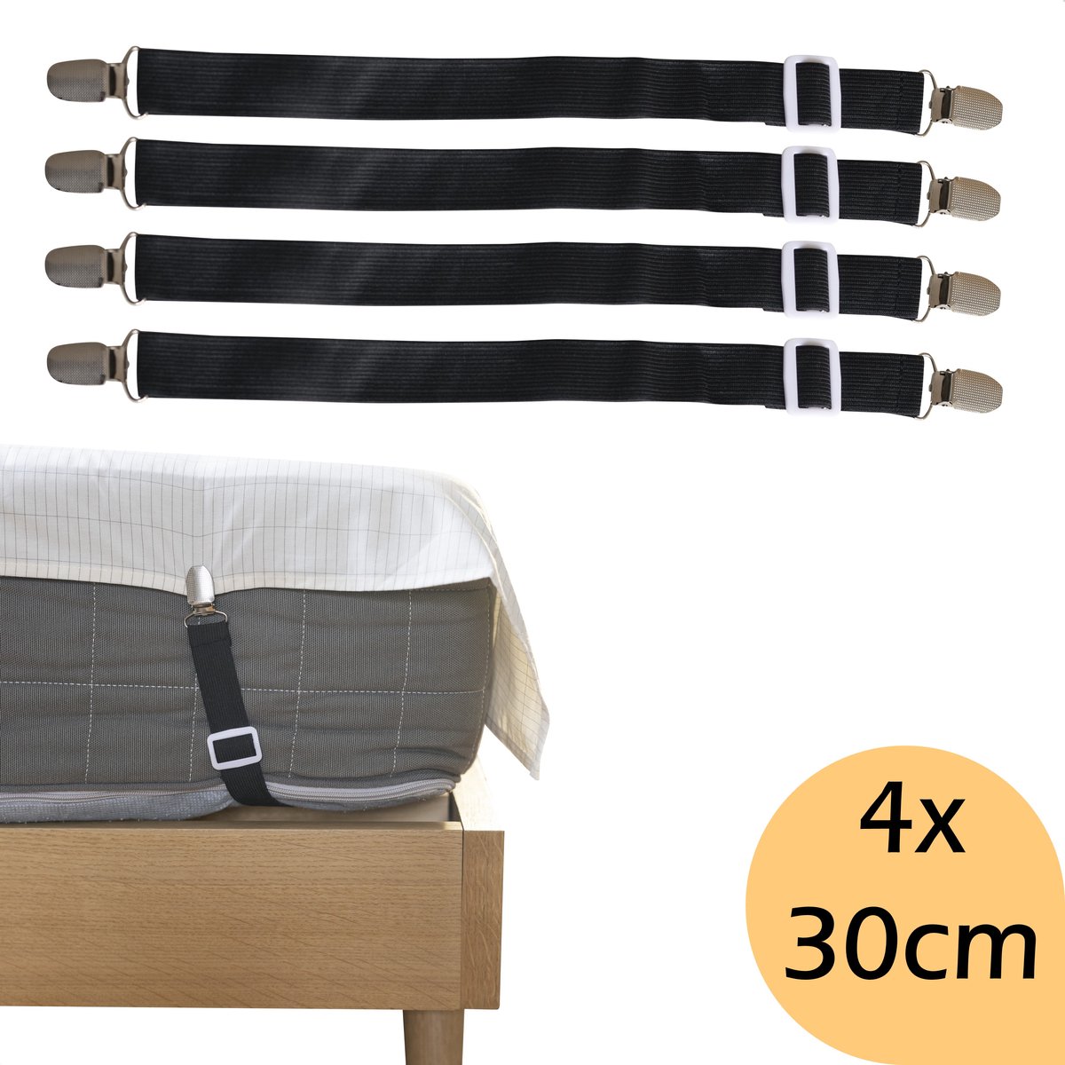 Earthle Lakenspanners - Overtrekspanners - Bedbretels - Lakenklemmen - Lakenbretels - 4 stuks 30 - 55cm - Verstelbaar