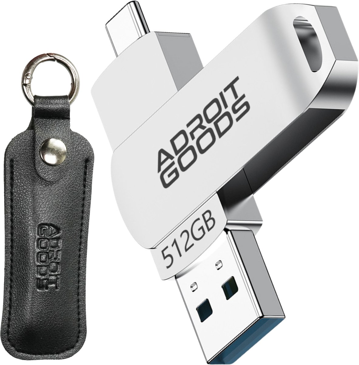 AdroitGoods USB-A/USB-C stick met hoes – 512GB – USB 3.1/10Gbps – Metaal – Premium Opslag - zilver