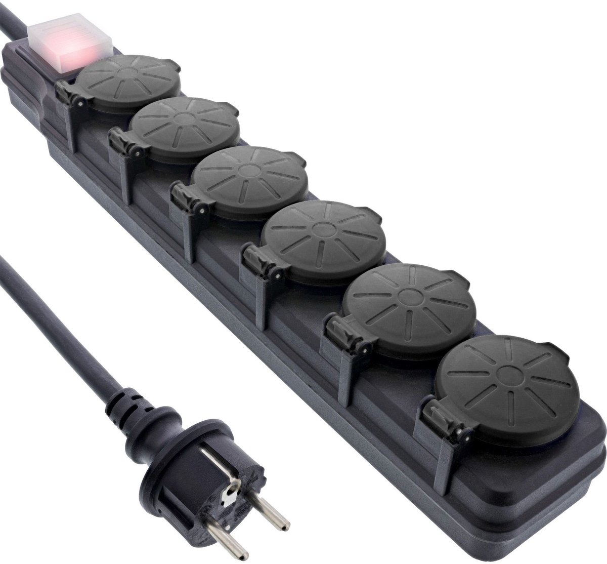 IP44 outdoor stekkerdoos met 6 contacten | schakelaar | zwart | 5 meter