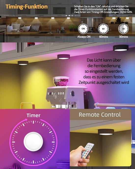 ibettertec - 12 stuks LED kast wand nacht lamp - verlichting - 16 kleuren inclusief afstandbieding - nachtlampje - woonkamer slaapkamer - Trapverlichting draadloos - op batterijen van Merkloos — afbeelding 3
