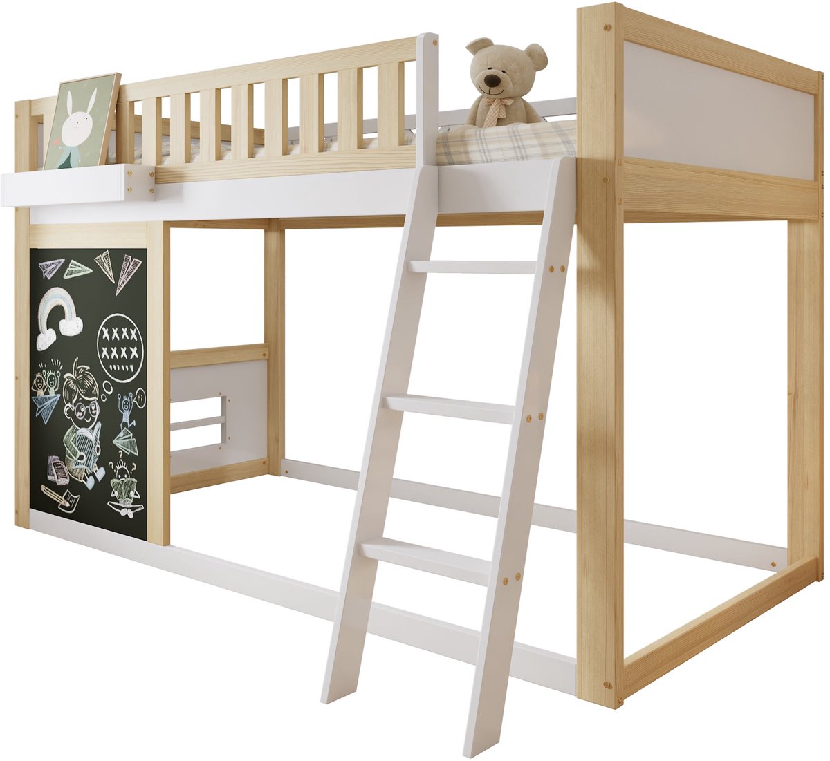 Merax Bed in Huisvorm 90x200 cm - Wit-Natuur - Kinderbed met Bord om te Tekenen - Bed met Opbergruimte - Veiligheidshek - Houten Lattenbodem - Zonder Matras