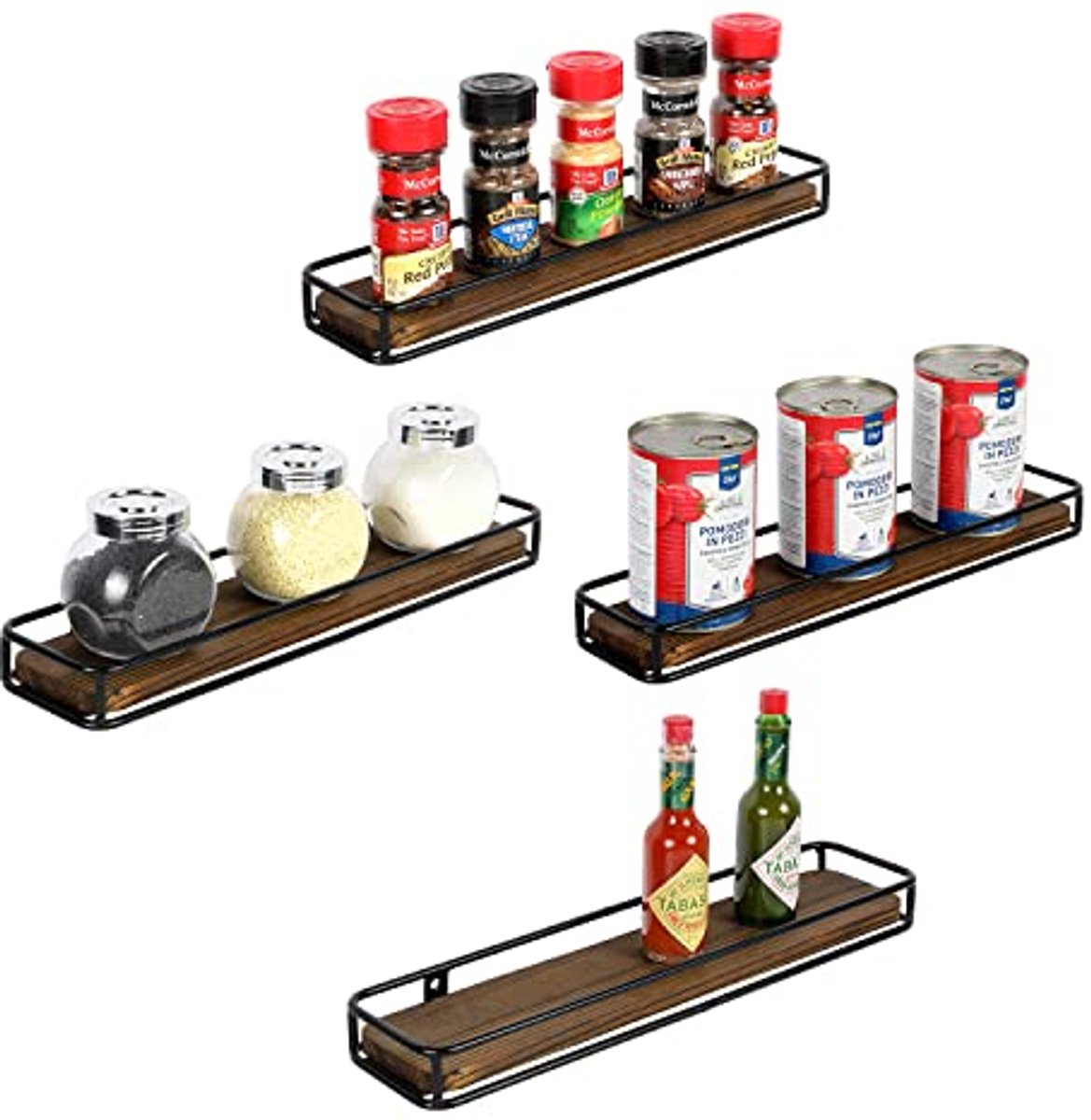 Rustiek Houten en Metalen Kruidenrek - Wandmontage Organizer Set van 4
