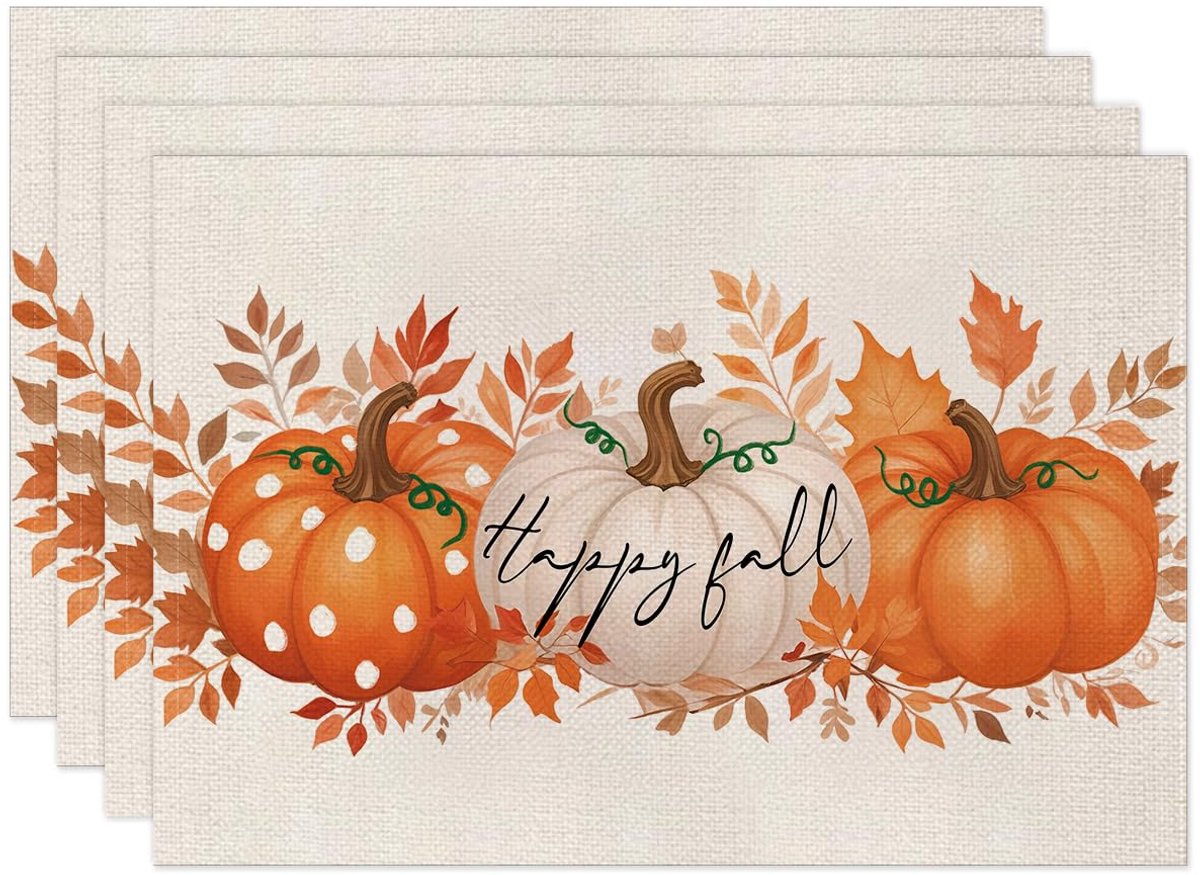 Ibenzoa® Herfstplacemats Set van 4 met Pompoenen en Esdoornbladeren voor Feestelijke Tafeldecoratie