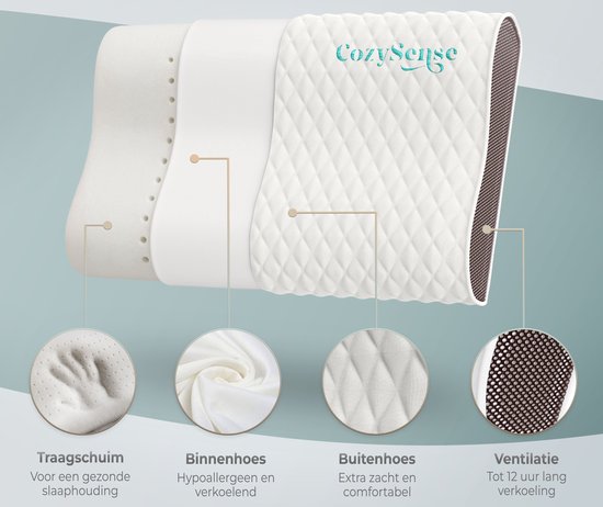 CozySense® Hoofdkussen - Traagschuim Slaapkussen - Ortopedisch voor Nekklachten - Ergonomisch Hoofdkussen - Voor Rug- en Zijslaper - Inclusief Kussensloop en Draagtas - Medium Hardheid