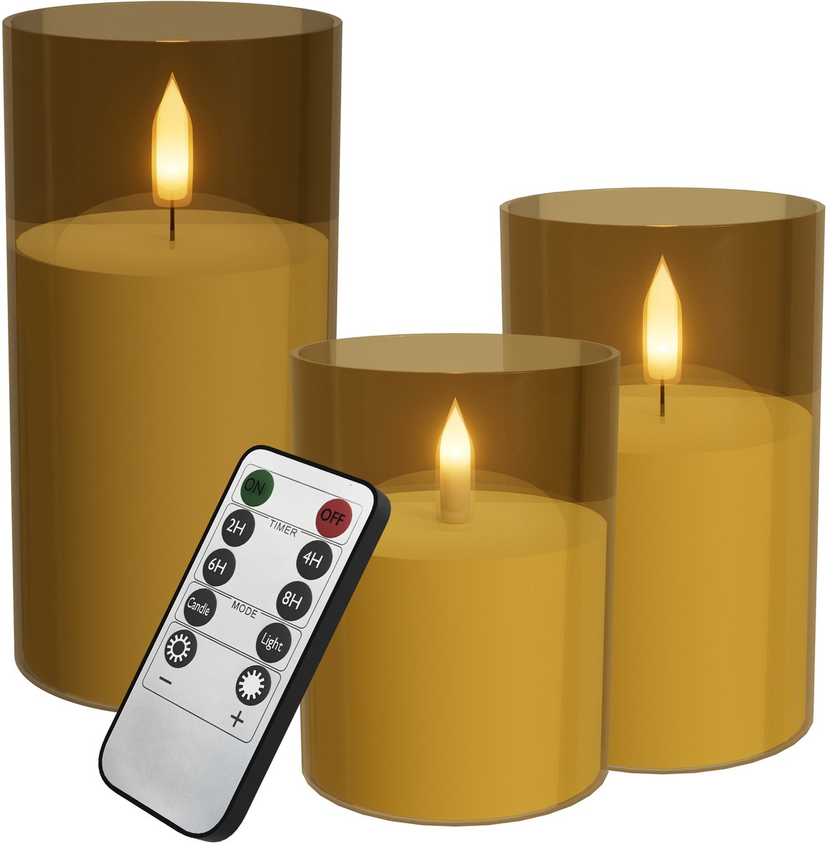 Aufun LED vlamloze kaarsen met afstandsbediening - Flikkerend - Acryl stompkaarsen - Op batterijen - Type A - Goud - Set van 3 - Voor huisdecoratie en kerstversiering
