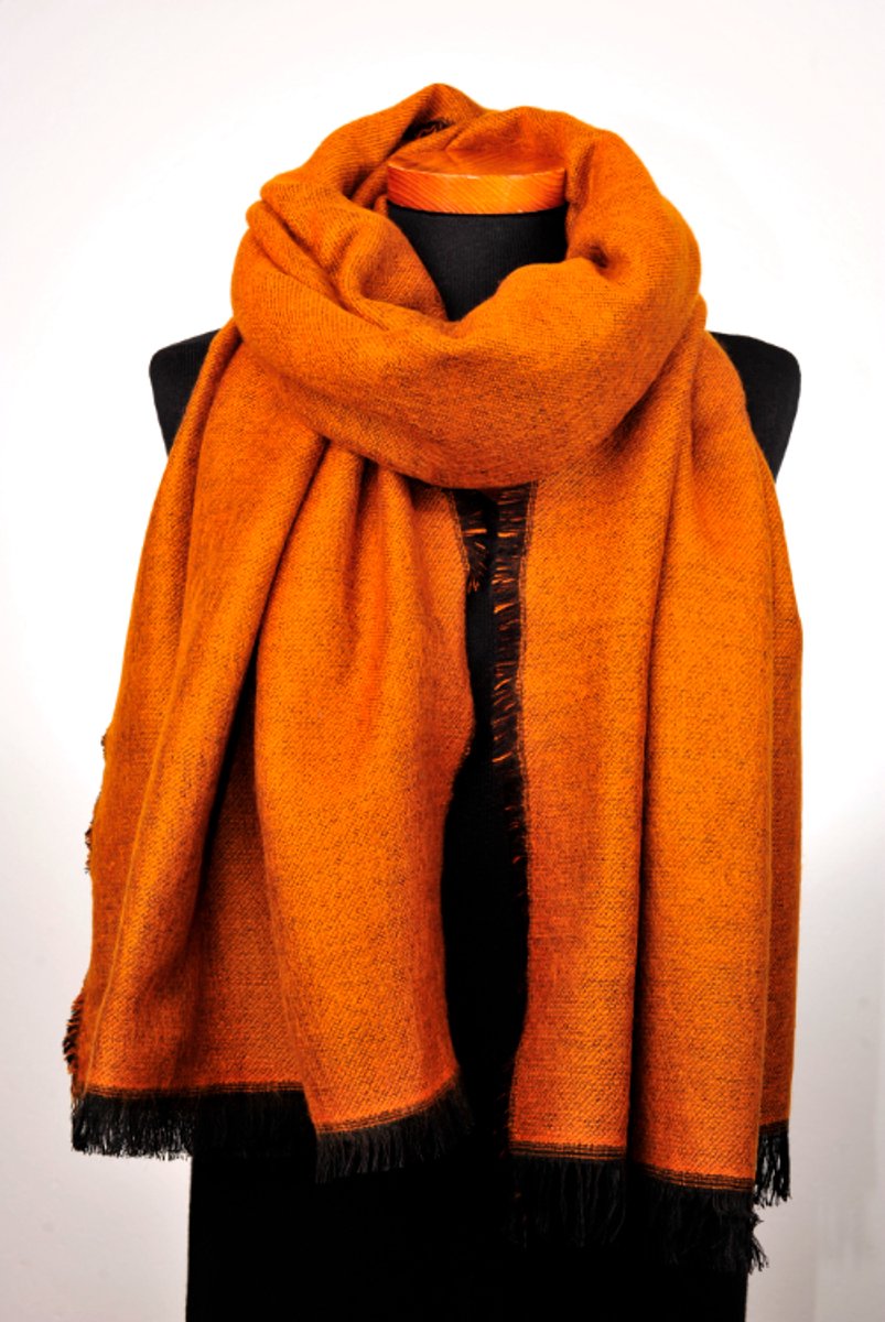 Dubbelgeweven sjaal in 2 kleuren Cognac/Zwart 72 cm x 200 cm