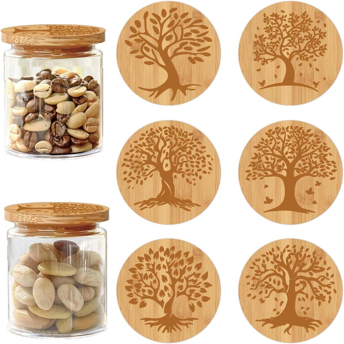 Allecto plus - Bamboe houten deksels voor yoghurtpotten en inmaakpotten met levensboom ontwerp - Herbruikbare natuurlijke decoratieve doppen met luchtdichte siliconen ringen - Set van 6 stuks
