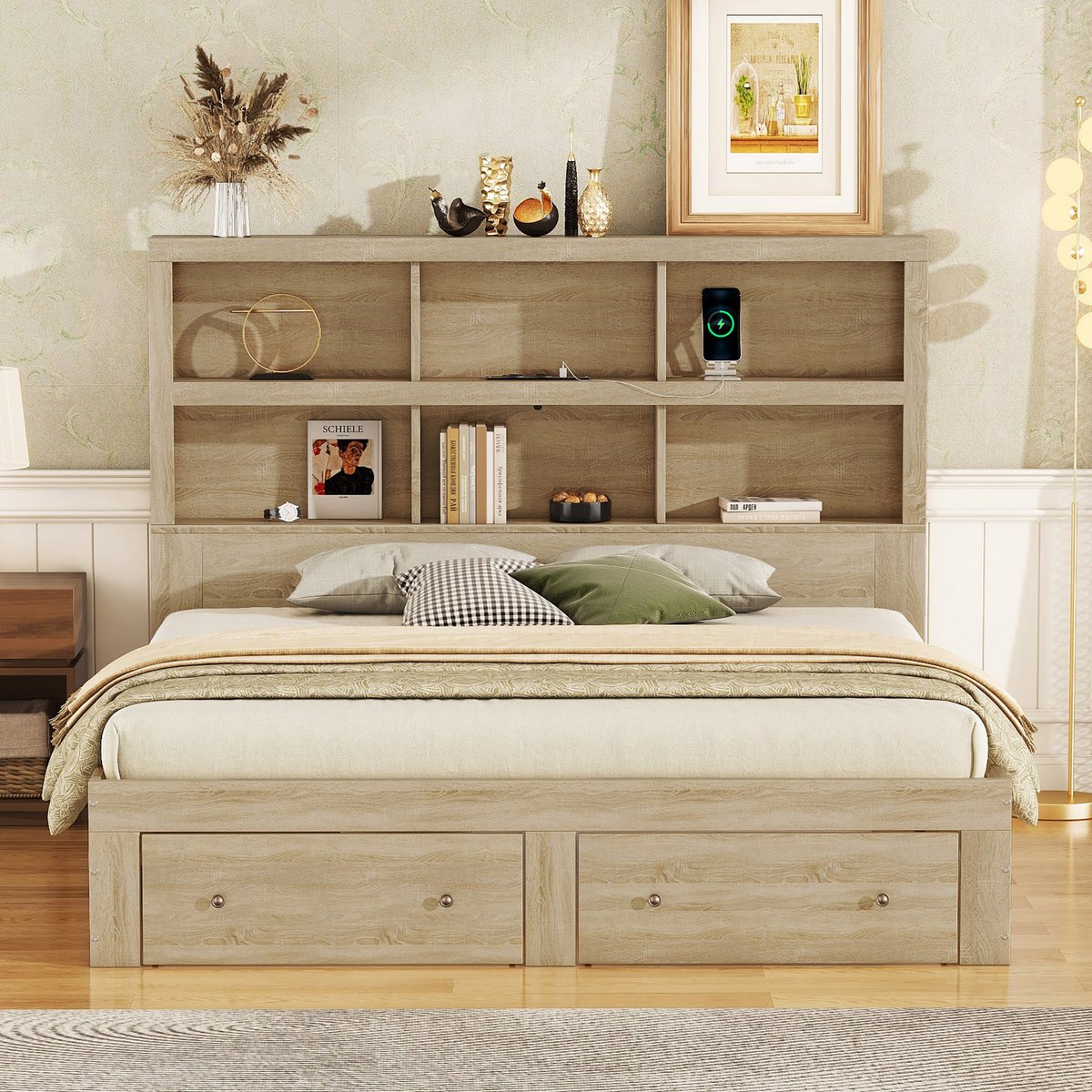 Merax 160x200 cm tweepersoonsbed - met twee lades - hoofdeinde met opbergruimte - houtkleur - zonder matras