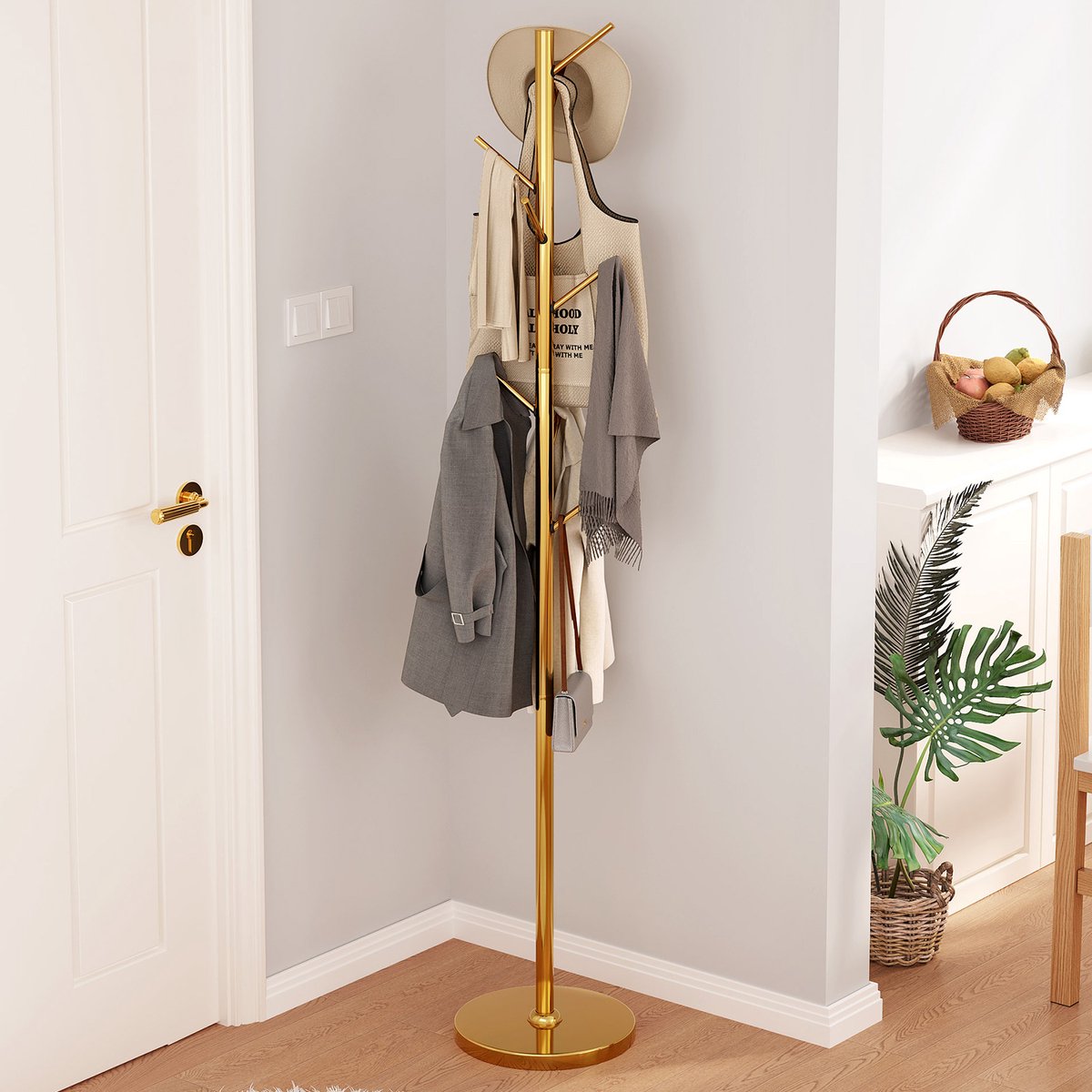 Guyii Metalen Staande Kapstok – Moderne Boomvorm – Goudkleurig – Hoog Draagvermogen – 187 cm – Voor Hal, Woonkamer en Slaapkamer
