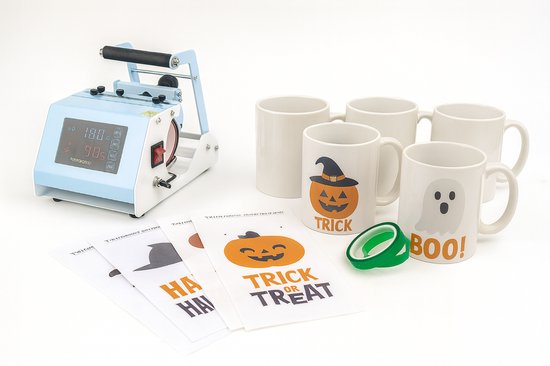 Complete Mokkenpers Starterkit – Craft Express | 12 Sublimatiemokken + 12 Voorgeprinte Halloween Ontwerpen + Tape – Mokken Bedrukken Zonder Printer