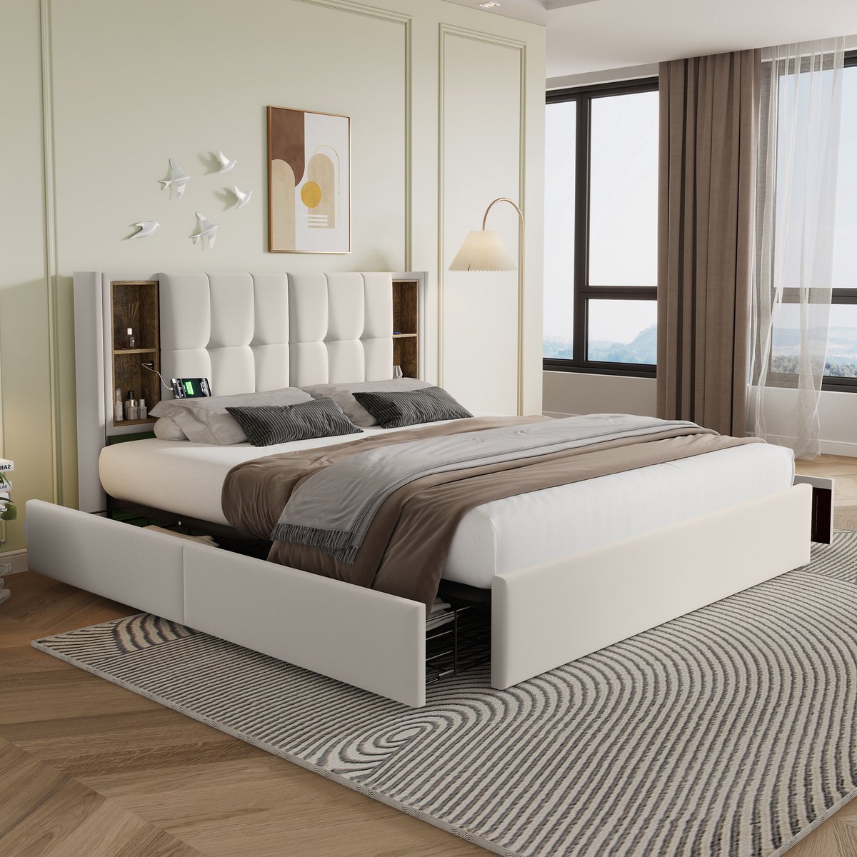 SINGULARITY-Tweepersoonsbed met draadloos opladen USB C & 4 lades- gestoffeerd bedframe 160x200cm- lattenbodem van hout-beige fluweel Zonder matras