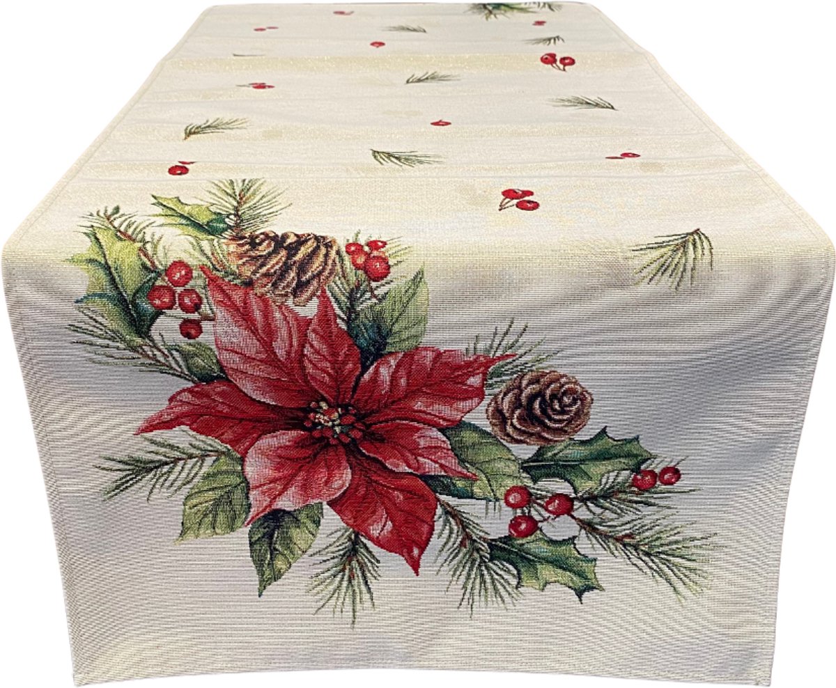 Tafelloper - Kerst - Gobelinstof - Mary - Dennenappel - Kerstroos - 40 x 140 cm